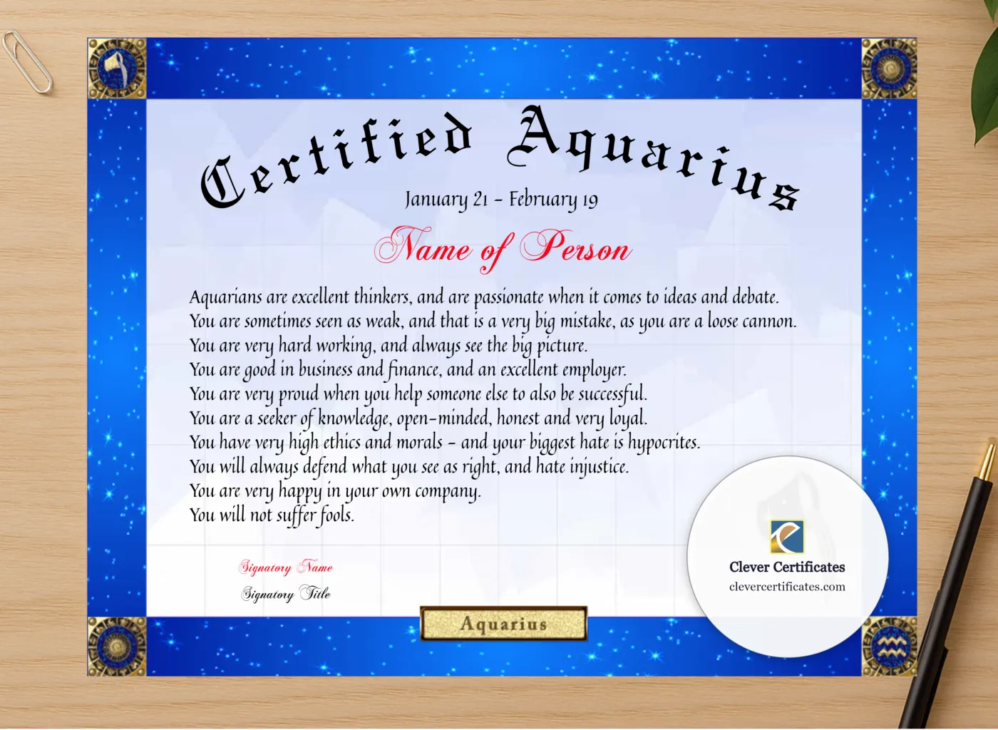 Professional preview of Certified Aquarius Award certificate on high-quality stationery paper, ideal for showcasing the final look.