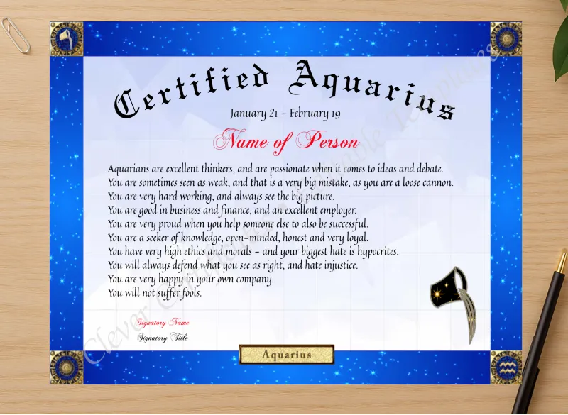 Professional preview of Certified Aquarius Award certificate on high-quality stationery paper, ideal for showcasing the final look.
