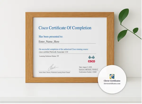 Realistic mockup featuring Network Associate Practical Competency Award displayed within a modern frame, set against a minimalistic background.