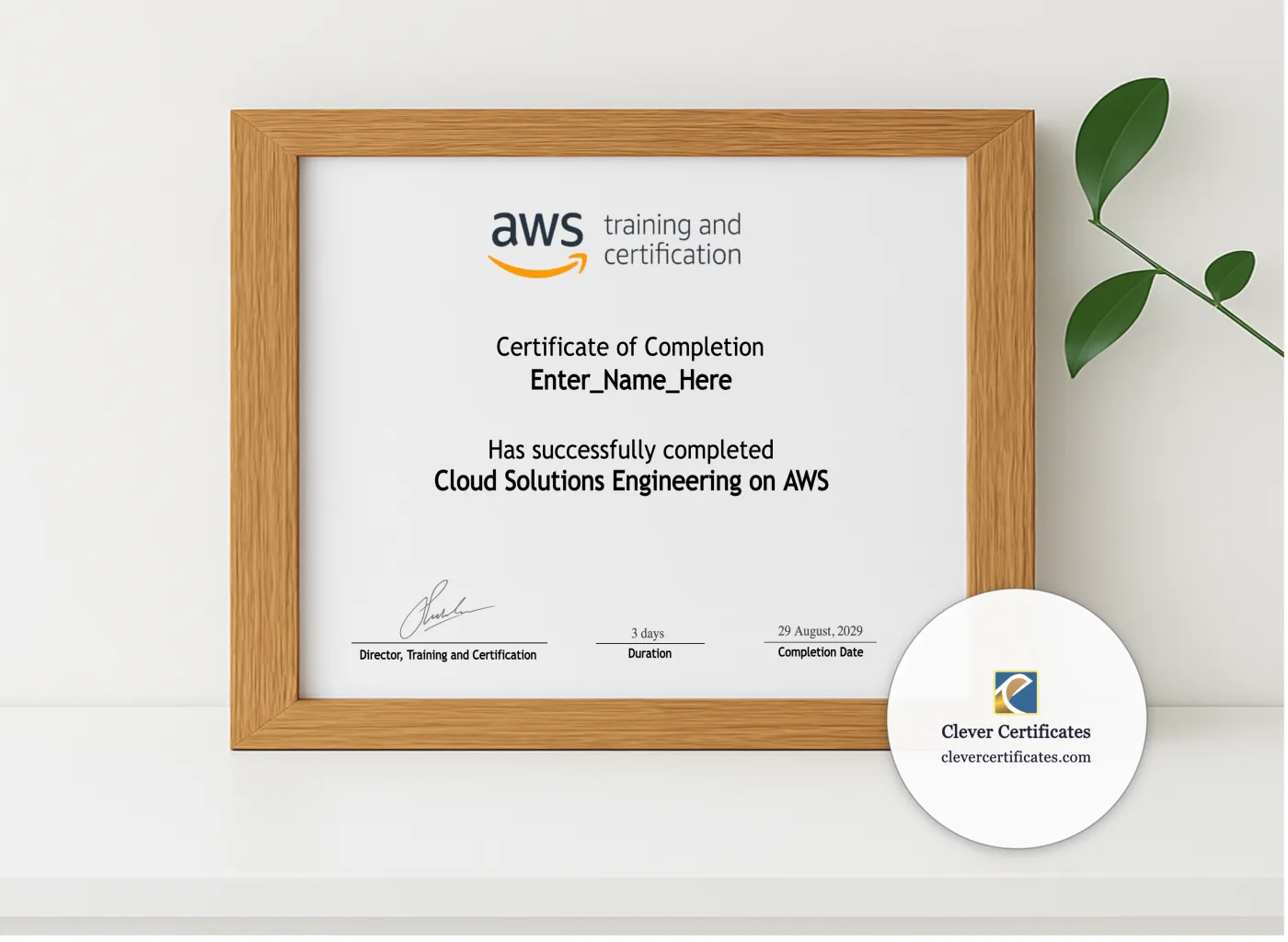Realistic mockup featuring Cloud Solutions Engineering Certificate Of Completion displayed within a modern frame, set against a minimalistic background.