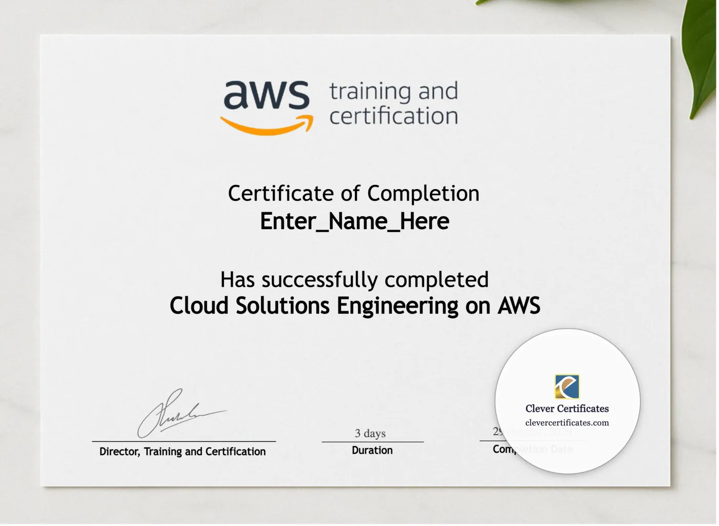 Cloud Solutions Engineering Certificate Of Completion presented in a sleek wooden frame, elegantly arranged on a stylish table.