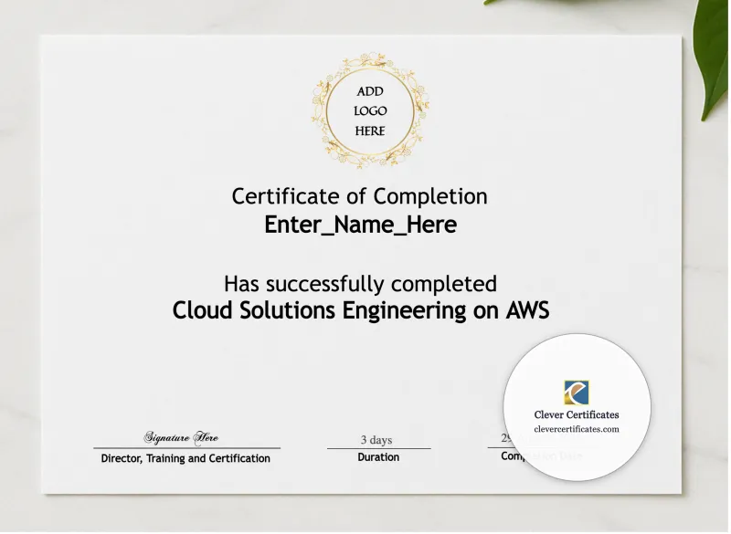 Cloud Solutions Engineering Certificate Of Completion presented in a sleek wooden frame, elegantly arranged on a stylish table.