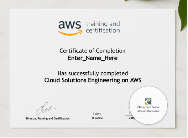 Cloud Solutions Engineering Certificate Of Completion presented in a sleek wooden frame, elegantly arranged on a stylish table.