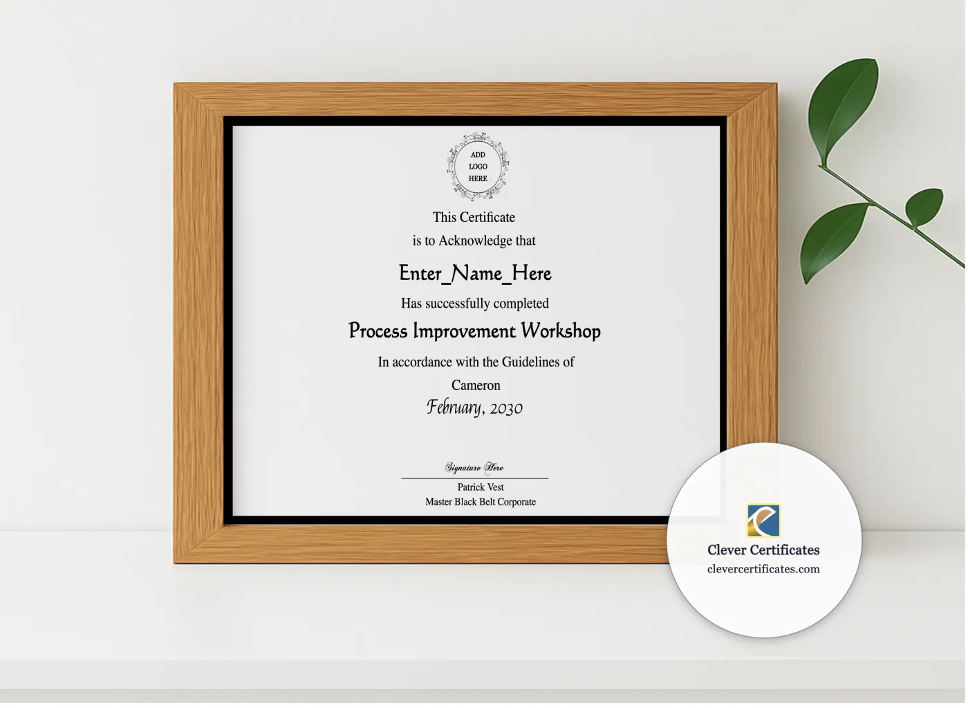 Realistic mockup featuring  Six Sigma Process Improvement Practitioner Award displayed within a modern frame, set against a minimalistic background.