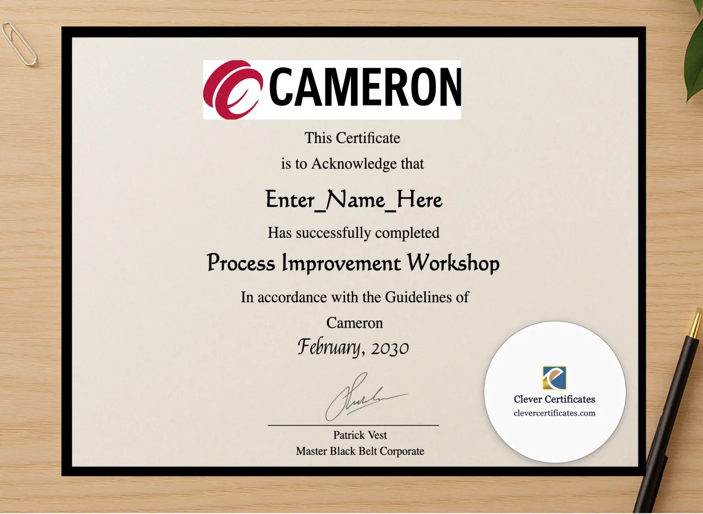 Professional preview of  Six Sigma Process Improvement Practitioner Award certificate on high-quality stationery paper, ideal for showcasing the final look.