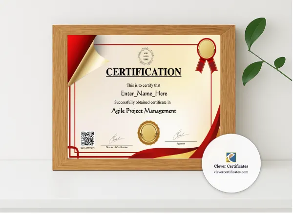 Realistic mockup featuring Advanced Agile Project Leadership Certificate displayed within a modern frame, set against a minimalistic background.