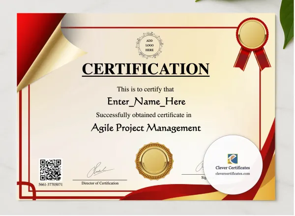 Advanced Agile Project Leadership Certificate presented in a sleek wooden frame, elegantly arranged on a stylish table.