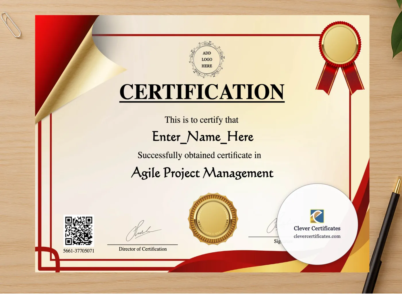 Professional preview of Advanced Agile Project Leadership Certificate certificate on high-quality stationery paper, ideal for showcasing the final look.