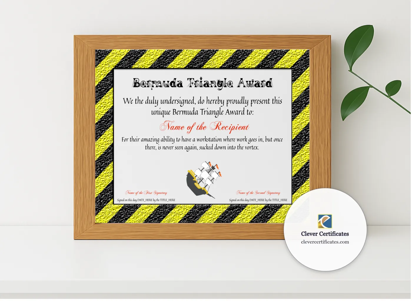 Realistic mockup featuring Bermuda Triangle Award displayed within a modern frame, set against a minimalistic background.