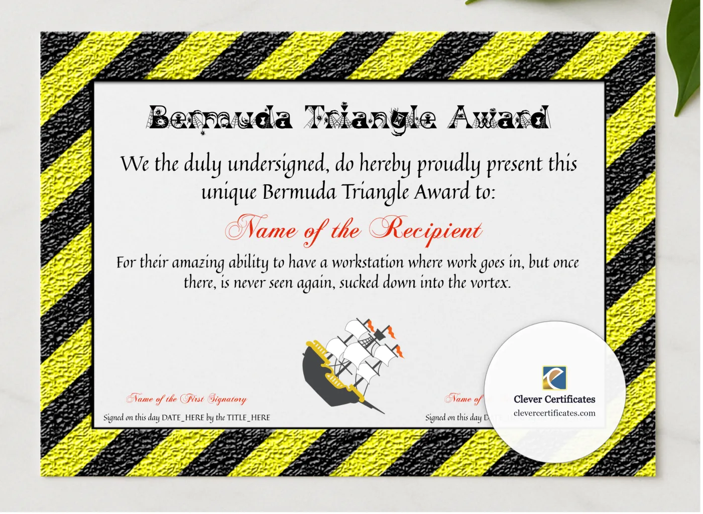 Bermuda Triangle Award presented in a sleek wooden frame, elegantly arranged on a stylish table.