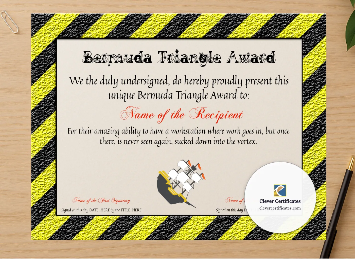 Professional preview of Bermuda Triangle Award certificate on high-quality stationery paper, ideal for showcasing the final look.