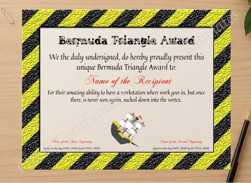Professional preview of Bermuda Triangle Award certificate on high-quality stationery paper, ideal for showcasing the final look.