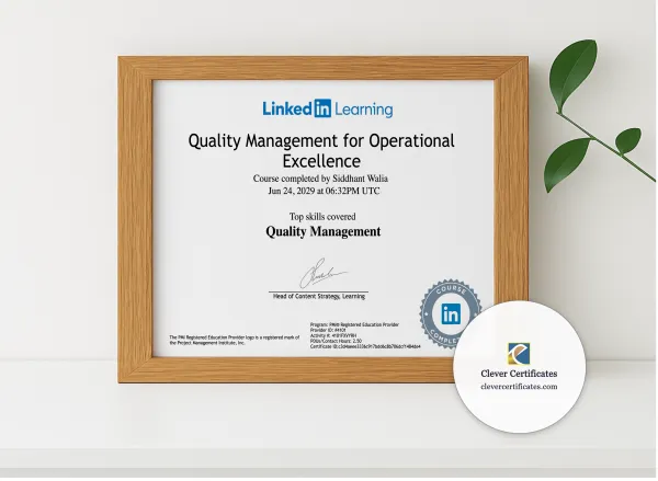Realistic mockup featuring Operational Excellence  Quality Control Diploma displayed within a modern frame, set against a minimalistic background.