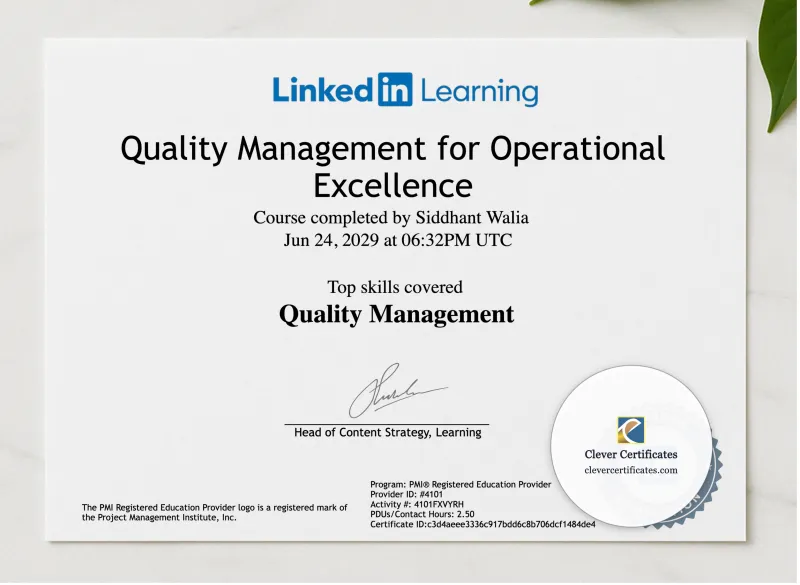 Operational Excellence  Quality Control Diploma presented in a sleek wooden frame, elegantly arranged on a stylish table.