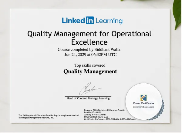 Operational Excellence  Quality Control Diploma presented in a sleek wooden frame, elegantly arranged on a stylish table.