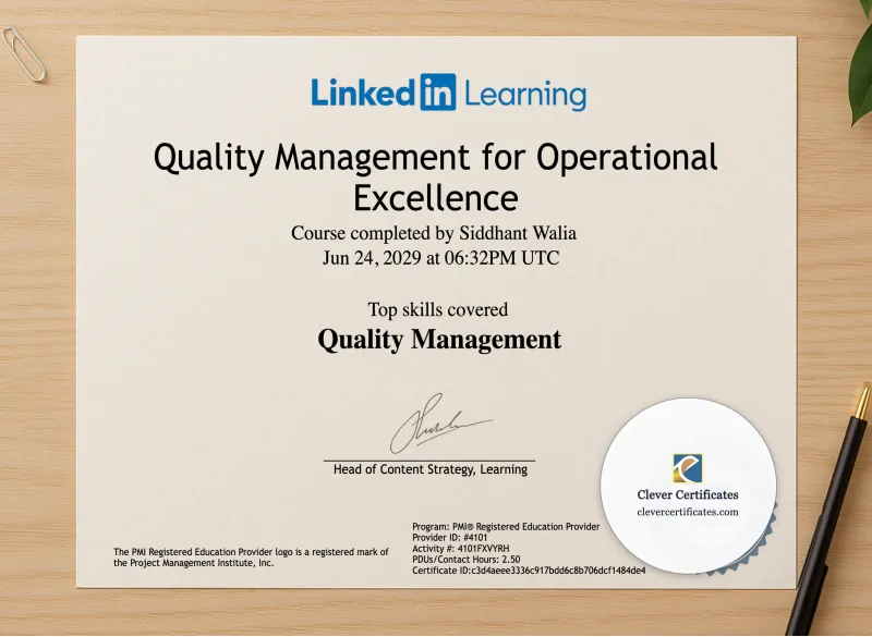 Professional preview of Operational Excellence  Quality Control Diploma certificate on high-quality stationery paper, ideal for showcasing the final look.