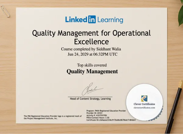 Professional preview of Operational Excellence  Quality Control Diploma certificate on high-quality stationery paper, ideal for showcasing the final look.