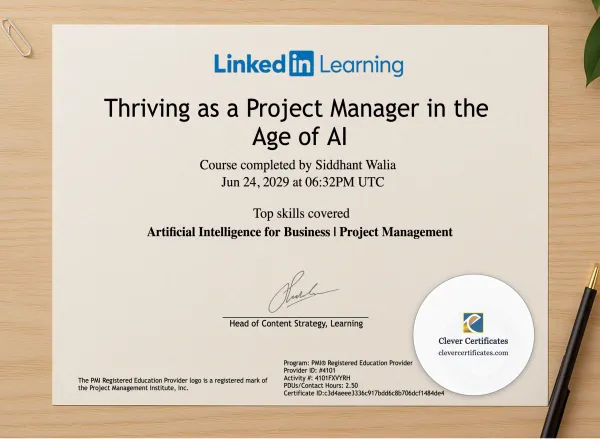 Professional preview of Enterprise Project Management Masterclass Completion certificate on high-quality stationery paper, ideal for showcasing the final look.