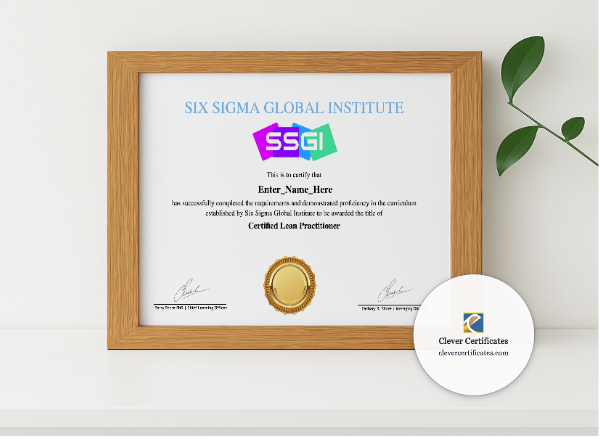 Realistic mockup featuring Lean Workflow Optimization Practitioner Badge displayed within a modern frame, set against a minimalistic background.