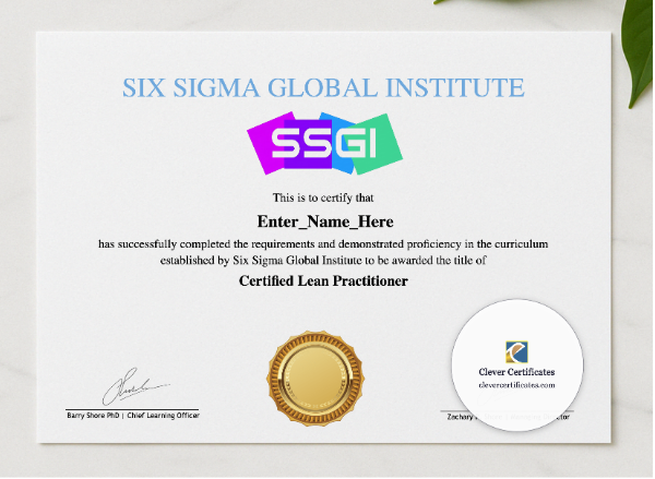 Lean Workflow Optimization Practitioner Badge presented in a sleek wooden frame, elegantly arranged on a stylish table.