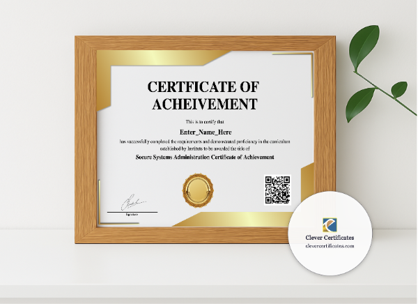Realistic mockup featuring Secure Systems Administration Certificate Of Achievement displayed within a modern frame, set against a minimalistic background.