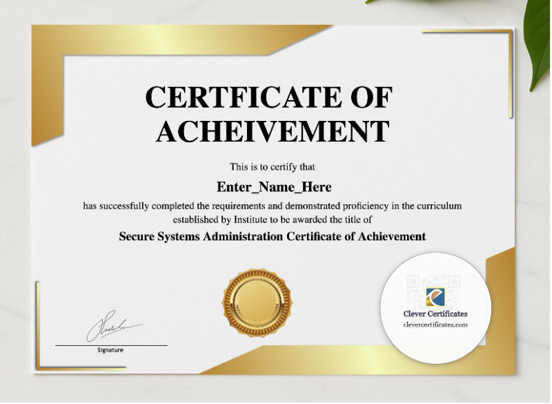 Secure Systems Administration Certificate Of Achievement presented in a sleek wooden frame, elegantly arranged on a stylish table.