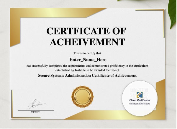 Secure Systems Administration Certificate Of Achievement presented in a sleek wooden frame, elegantly arranged on a stylish table.