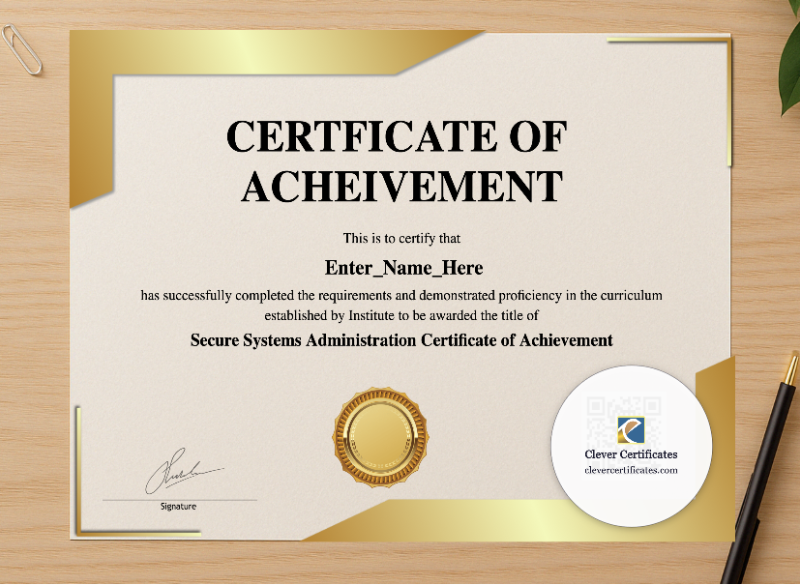 Professional preview of Secure Systems Administration Certificate Of Achievement certificate on high-quality stationery paper, ideal for showcasing the final look.