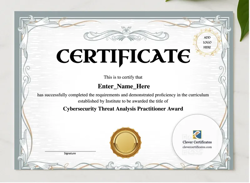 Cybersecurity Threat Analysis Practitioner Award presented in a sleek wooden frame, elegantly arranged on a stylish table.