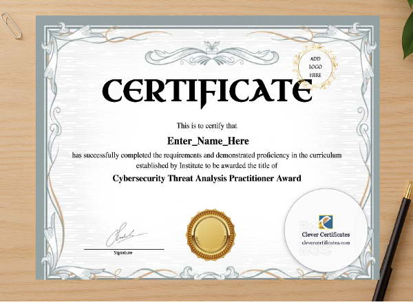 Professional preview of Cybersecurity Threat Analysis Practitioner Award certificate on high-quality stationery paper, ideal for showcasing the final look.