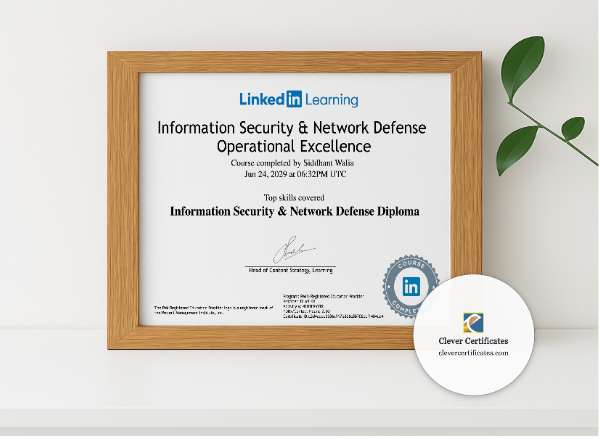Realistic mockup featuring Information Security And Network Defense Diploma displayed within a modern frame, set against a minimalistic background.