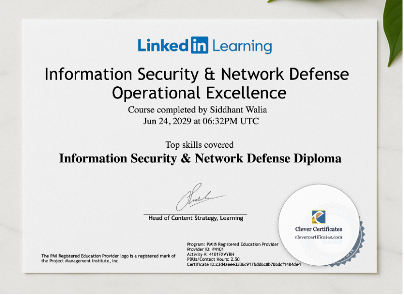 Information Security And Network Defense Diploma presented in a sleek wooden frame, elegantly arranged on a stylish table.