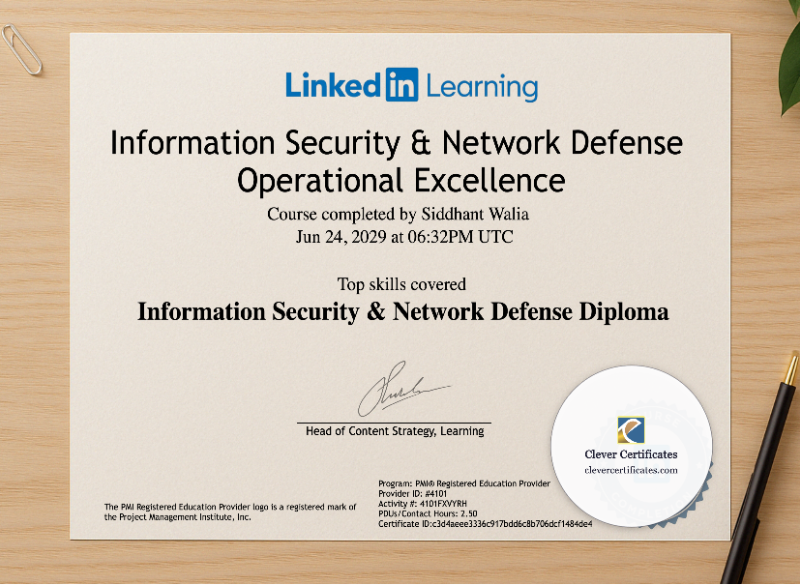 Professional preview of Information Security And Network Defense Diploma certificate on high-quality stationery paper, ideal for showcasing the final look.