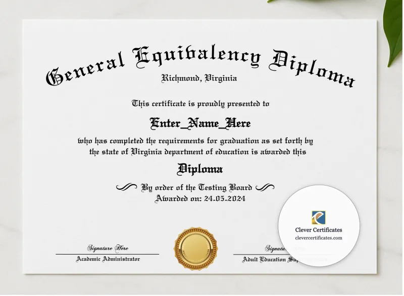 GED Diploma Certificate presented in a sleek wooden frame, elegantly arranged on a stylish table.
