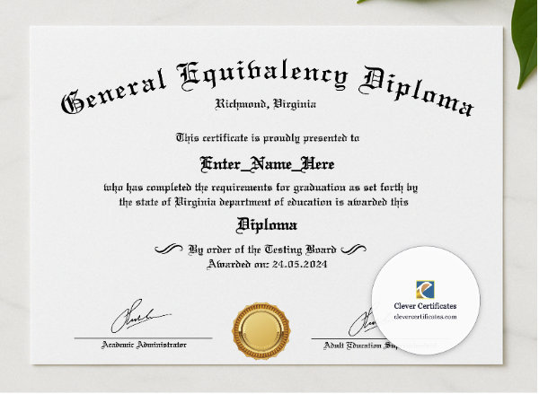 GED Diploma Certificate presented in a sleek wooden frame, elegantly arranged on a stylish table.
