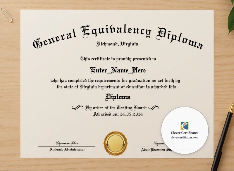 Professional preview of GED Diploma Certificate certificate on high-quality stationery paper, ideal for showcasing the final look.