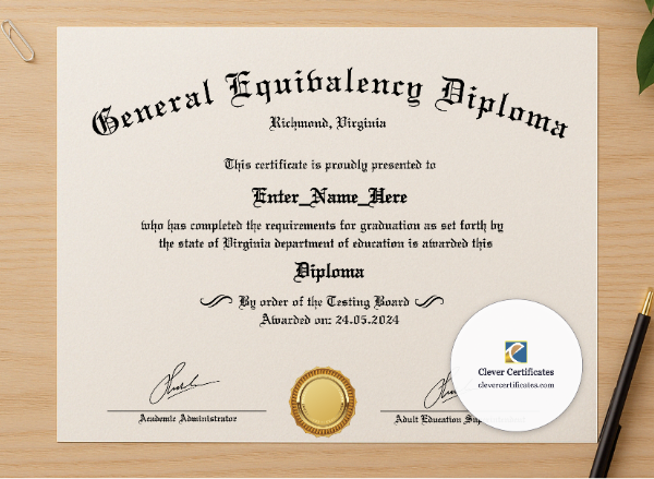 Professional preview of GED Diploma Certificate certificate on high-quality stationery paper, ideal for showcasing the final look.