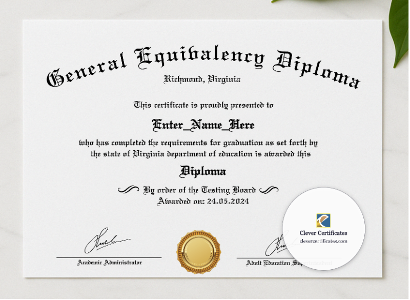 GED High School Equivalency Certificate presented in a sleek wooden frame, elegantly arranged on a stylish table.
