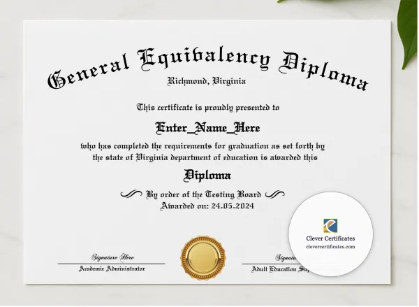 GED High School Equivalency Certificate presented in a sleek wooden frame, elegantly arranged on a stylish table.