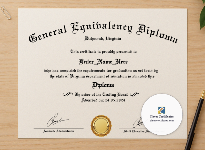 Professional preview of GED High School Equivalency Certificate certificate on high-quality stationery paper, ideal for showcasing the final look.