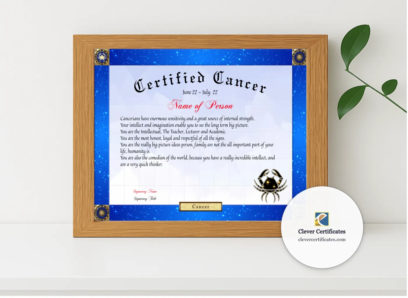 Realistic mockup featuring Certified Cancer Award displayed within a modern frame, set against a minimalistic background.
