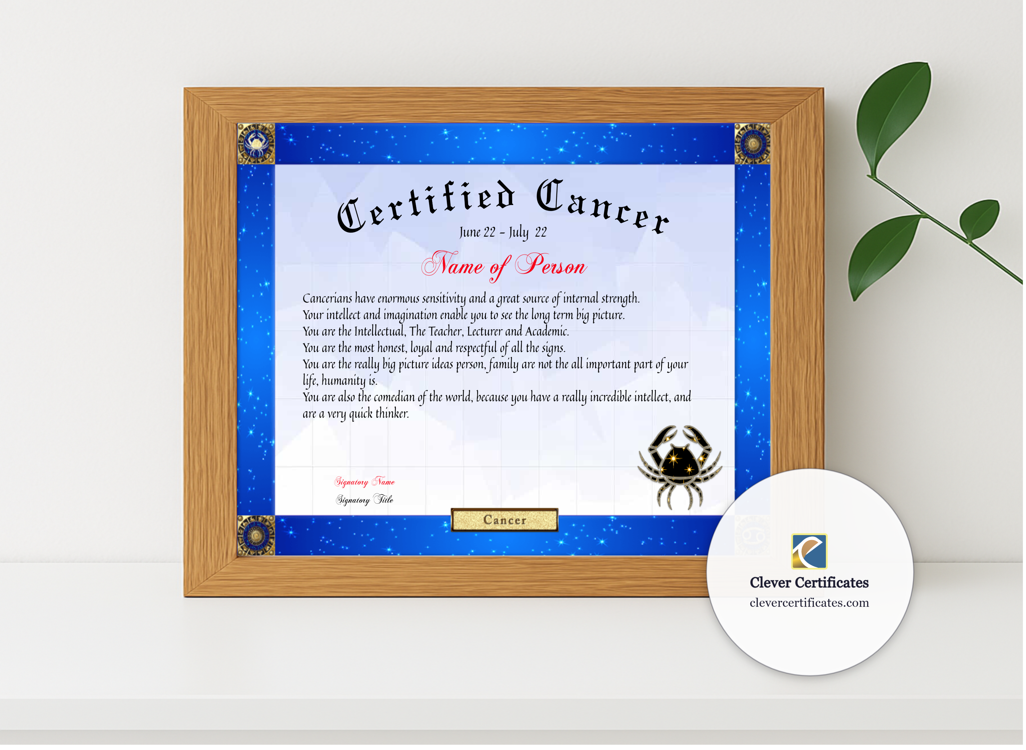 Realistic mockup featuring Certified Cancer Award displayed within a modern frame, set against a minimalistic background.
