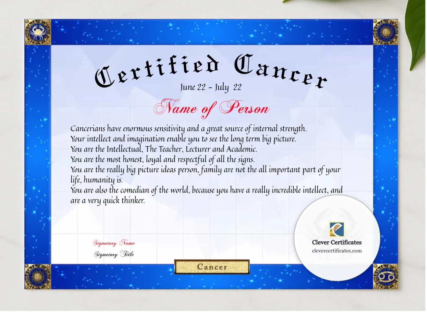 Certified Cancer Award presented in a sleek wooden frame, elegantly arranged on a stylish table.