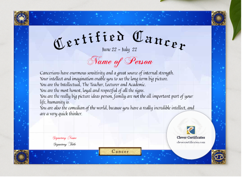 Certified Cancer Award presented in a sleek wooden frame, elegantly arranged on a stylish table.