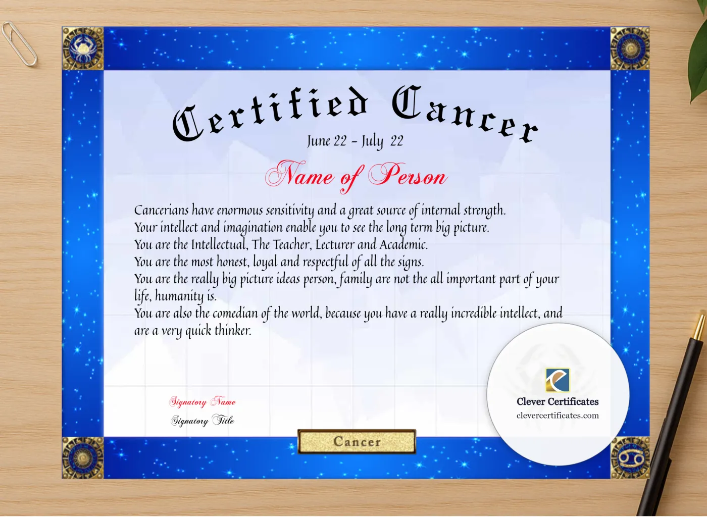 Professional preview of Certified Cancer Award certificate on high-quality stationery paper, ideal for showcasing the final look.