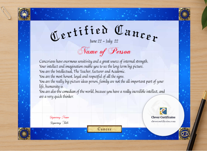 Professional preview of Certified Cancer Award certificate on high-quality stationery paper, ideal for showcasing the final look.