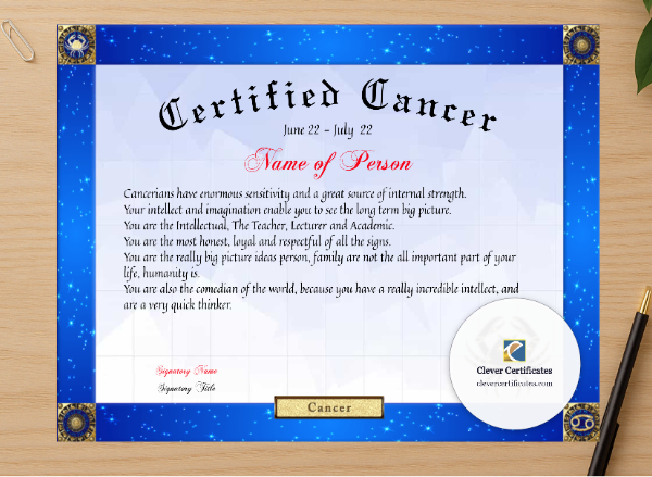 Professional preview of Certified Cancer Award certificate on high-quality stationery paper, ideal for showcasing the final look.