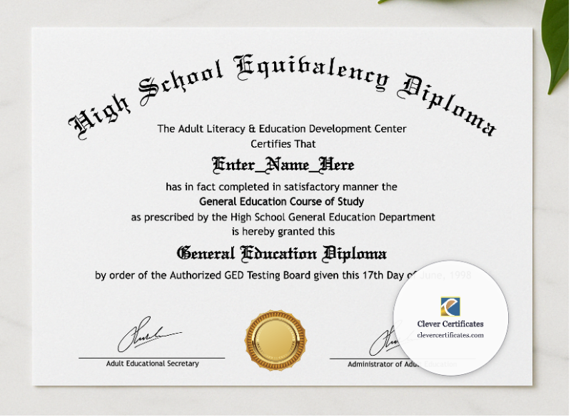 GED High School Equivalency Certificates presented in a sleek wooden frame, elegantly arranged on a stylish table.