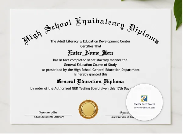 GED High School Equivalency Certificates presented in a sleek wooden frame, elegantly arranged on a stylish table.
