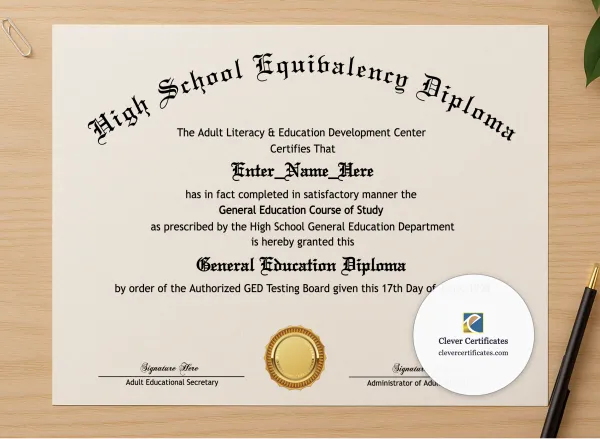 Professional preview of GED High School Equivalency Certificates certificate on high-quality stationery paper, ideal for showcasing the final look.